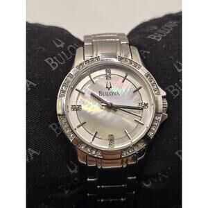 Bulova 96L191 Silver Tone White MOP Dial Swarovski Crystals Womens Dress Watch